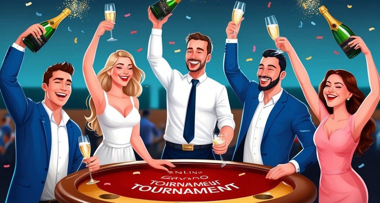 Australians celebrating online casino tournament wins with champagne and confetti