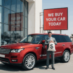 A professional car dealership agent in Dubai holding a money bag while standing next to a red SUV, with a sign in the background that reads 'We buy your car today'