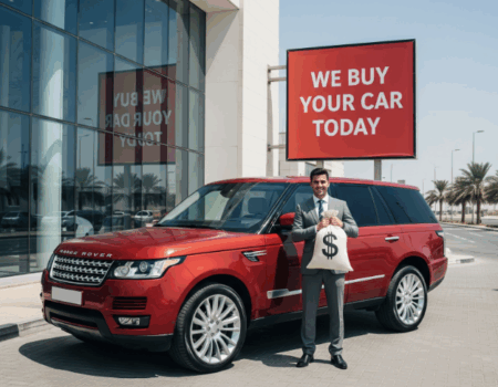 A professional car dealership agent in Dubai holding a money bag while standing next to a red SUV, with a sign in the background that reads 'We buy your car today'