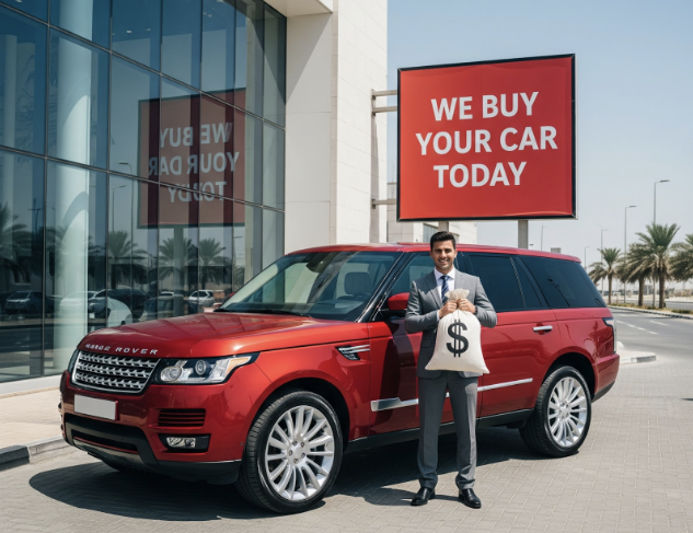 A professional car dealership agent in Dubai holding a money bag while standing next to a red SUV, with a sign in the background that reads 'We buy your car today'